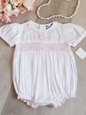 White Smocked Bubble Romper Pink Embroidery Feltman Brother/Carriage Boutique 3M